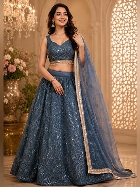 Bollywood -Zari, Sequins, embroidery with mirrorwork Lehenga Choli Dupatta Small